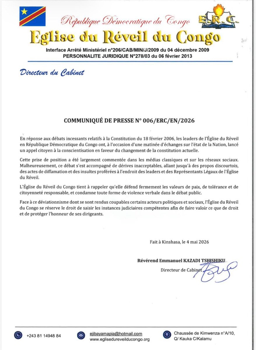 L'Église du Réveil du Congo brise le silence et soutient la révision constitutionnelle article de nouvelles politics – Der...